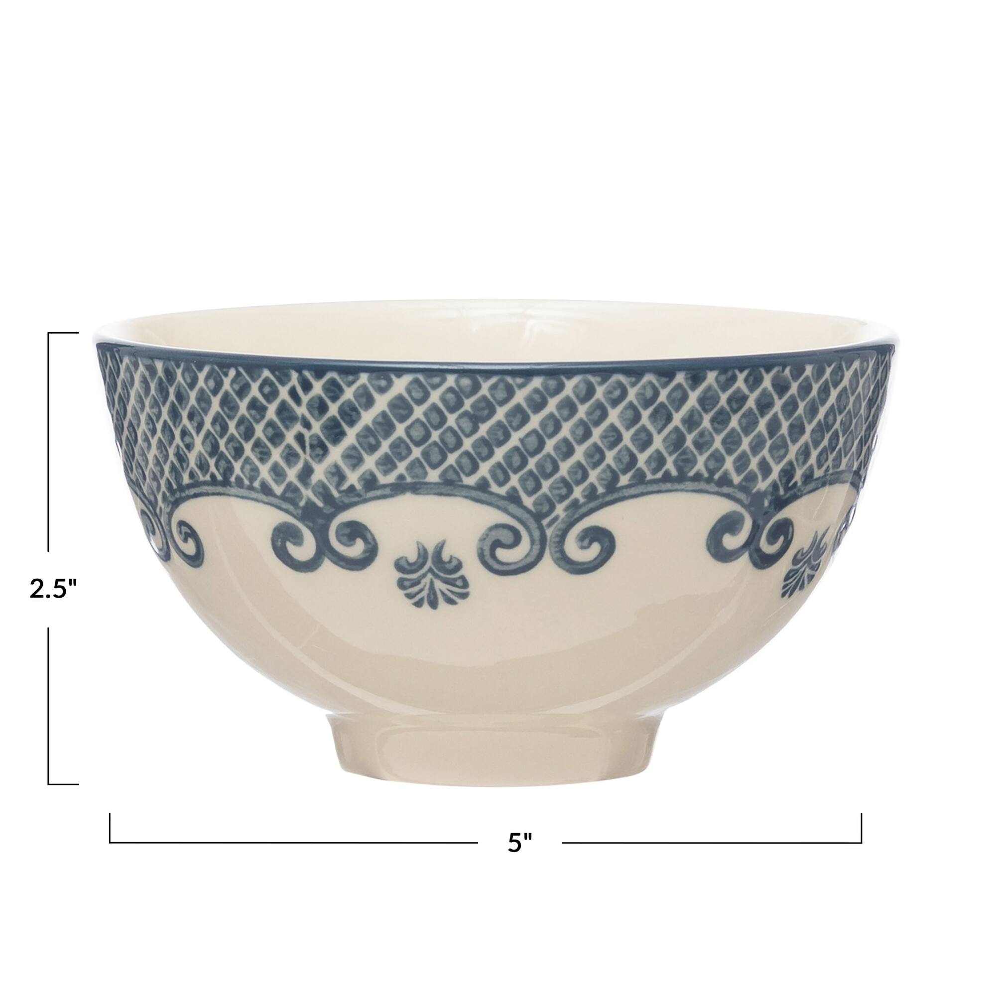 Hello Honey® Cream & Blue Patterned Hand Stamped Stoneware Bowl Set